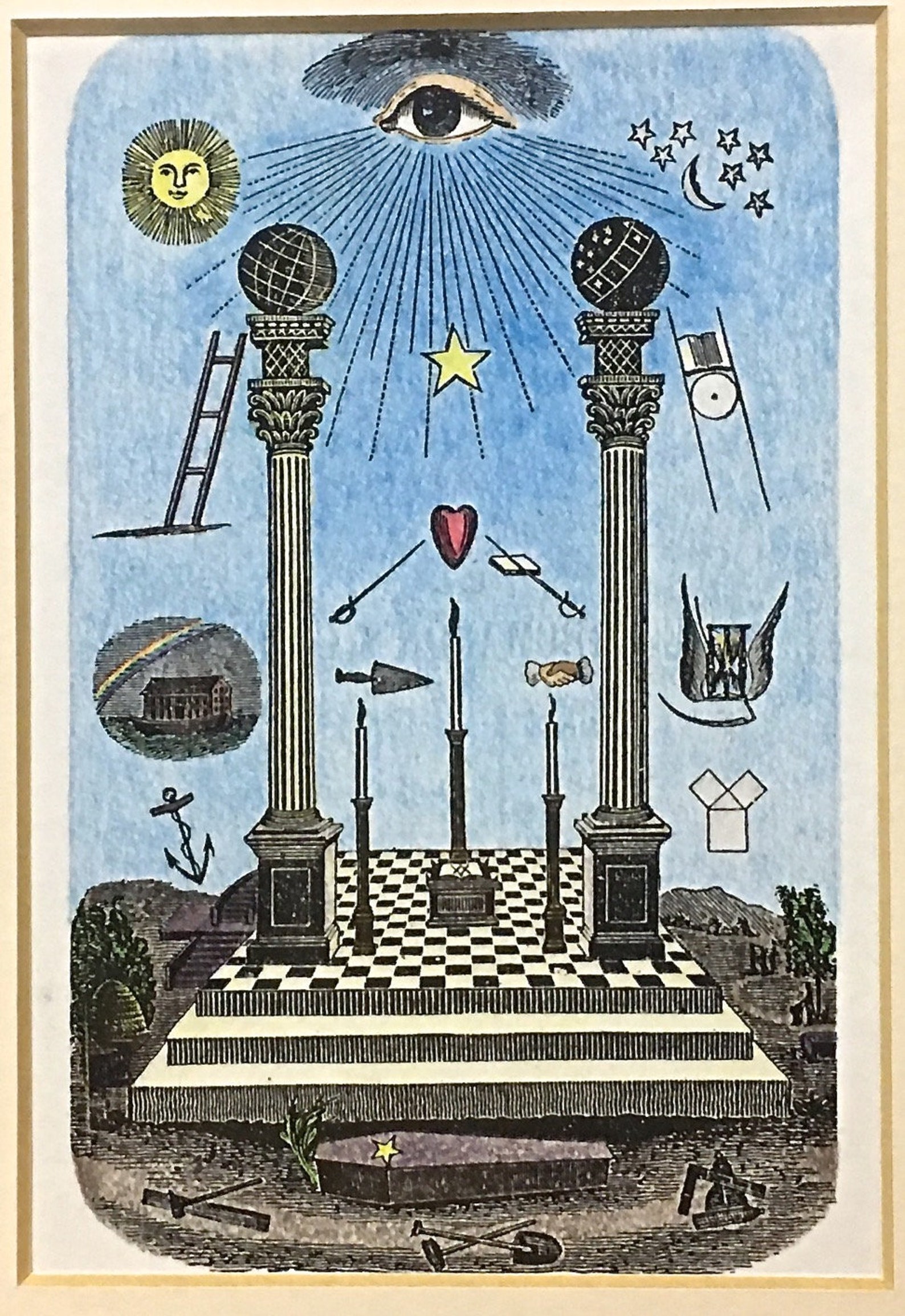 MASONIC Symbols & Working Tools Framed HANDCOLORED Print Etsy