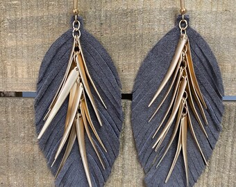 Leather Earrings // Gray Feather Earrings // Fringe Leather Earrings