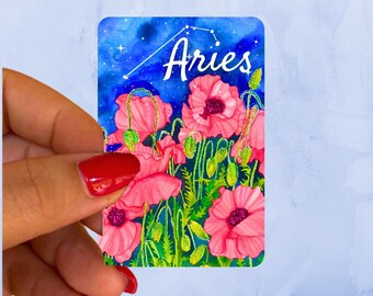 Aries Zodiac Sign Pink Poppies and Constellation At Night Watercolor Art Vinyl Sticker