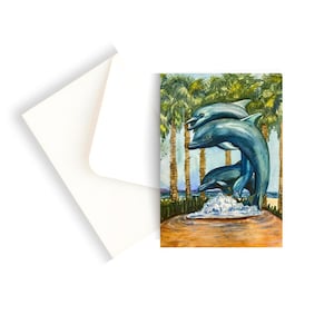Carte de voeux aquarelle fontaine de la famille des dauphins vierge