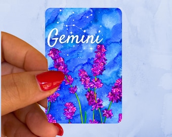 Gemini Zodiac Sign Lavender and Constellation At Night Watercolor Art Vinyl Sticker