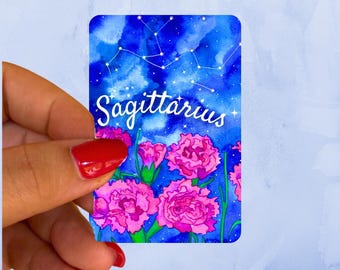 Sagittarius Zodiac Sign Carnation and Constellation At Night Watercolor Art Vinyl Sticker
