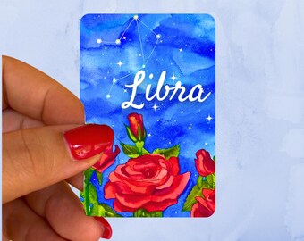 Signe du zodiaque Balance, rose rouge et constellation la nuit, autocollant en vinyle aquarelle