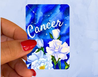 Cancer Zodiac Sign White Rose and Constellation At Night Watercolor Art Vinyl Sticker
