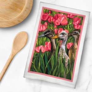 Barnyard Bliss -Miss Paddle, Abby & Sue Runner Ducks with Pink Poppies Cotton Kitchen Tea Towel