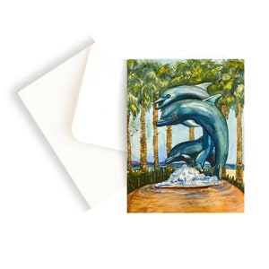 Fontaine Famille Dauphins Santa Barbara Aquarelle Carte Voeux Vierge
