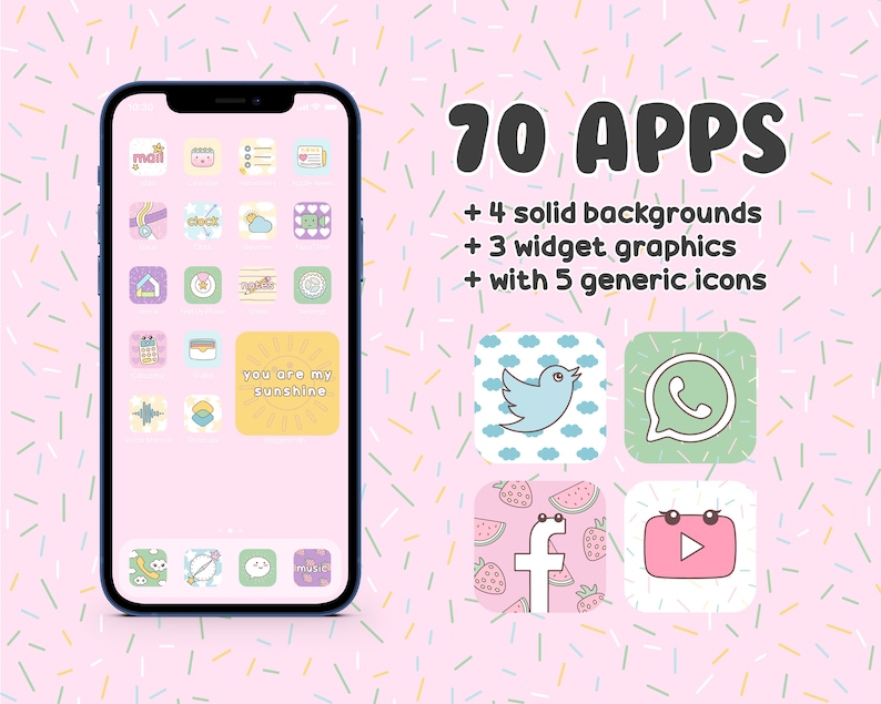 IOS 14 Homepage App Icons 70 Pack Rosa süße Cartoon Kawaii 