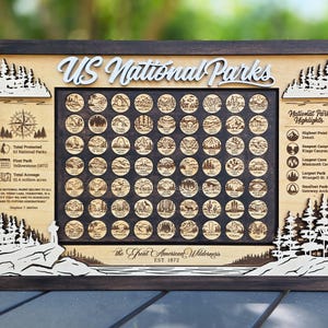 US National Parks Icon Tracker Map – Wooden Map with Icons, 2 Designs – 63 National Parks Wall Decor