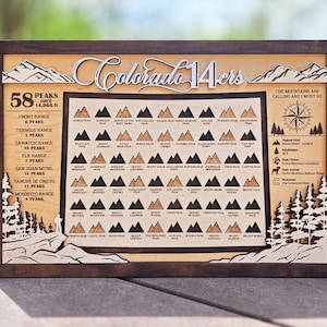 May include: Wooden framed art piece featuring the text "Colorado 14-ers" and a map of mountain peaks. The artwork includes the text "The mountains are calling and I must go" and details about the highest peak.