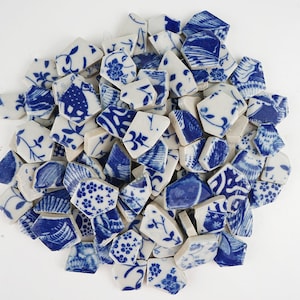 May include: A collection of blue and white ceramic tile pieces with various floral and geometric patterns. The tiles are broken into irregular shapes and sizes.