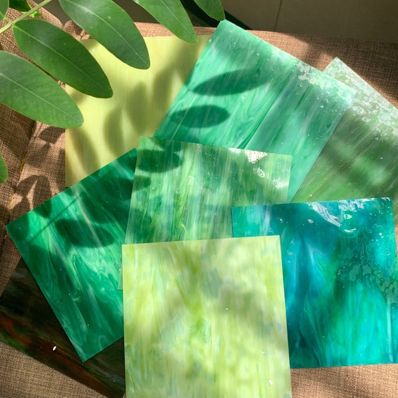 6x6 Inch Green Stained Glass Sheets Variety Mixed Colors Opaque