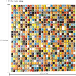 May include: A 12x12 inch sheet of colorful mosaic tiles. The tiles are small squares in a variety of colors, including red, orange, yellow, green, blue, and black. The tiles are arranged in a random pattern.