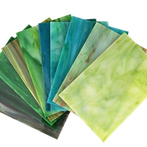 10 Sheets Variety Stained Glass Sheets Pack, 4 x 6 inch Large Cathedral Glass Mosaic Tiles for Crafts, Green Mixed