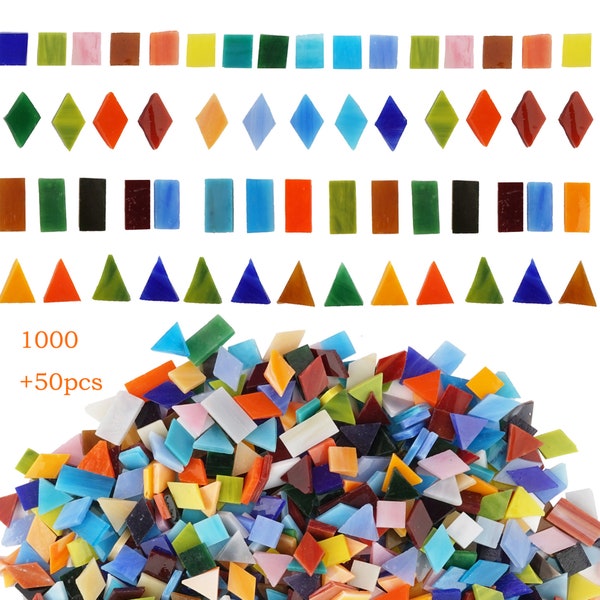 1050 Pieces Mixed Shapes Glass Mosaic Tiles for Crafts, Colorful Stained Glass Pieces for Mosaic Projects