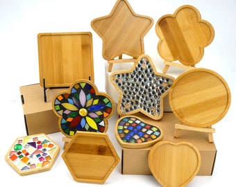 6pcs Wooden Mosaic Base Kit, Assorted Substrates for Mosaic Craft DIY Mosaic Tiles Coaster Base, Bamboo Surface for crafting Stained glass
