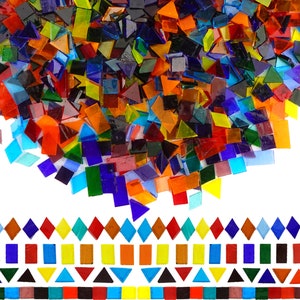 May include: A large assortment of colorful glass mosaic tiles in various shapes and sizes. The tiles are arranged in a random pattern, creating a vibrant and textured background.