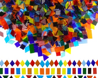 May include: A large assortment of colorful glass mosaic tiles in various shapes and sizes. The tiles are arranged in a random pattern, creating a vibrant and textured background.