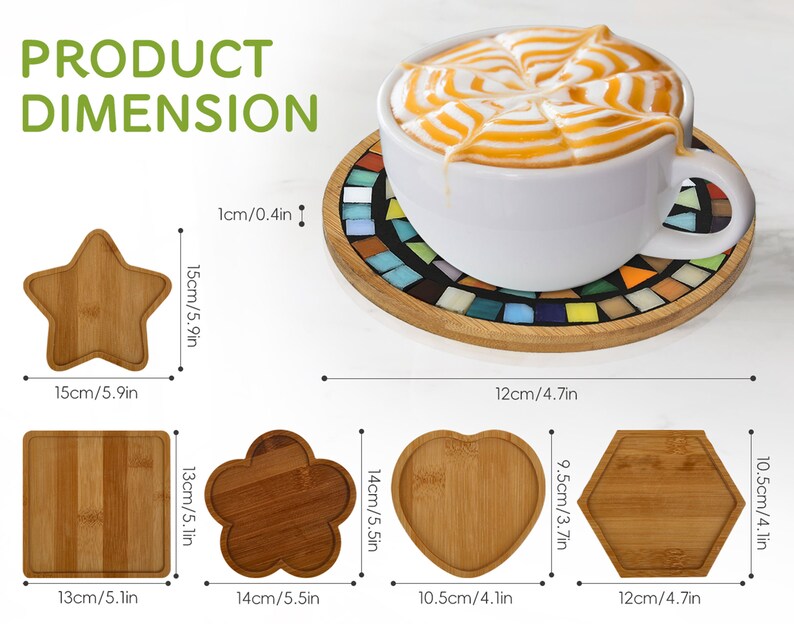 May include: Set of six different shaped bamboo coasters. The coasters are in the shapes of a star, flower, heart, square, and hexagon. The coasters are all approximately 4 inches in diameter.