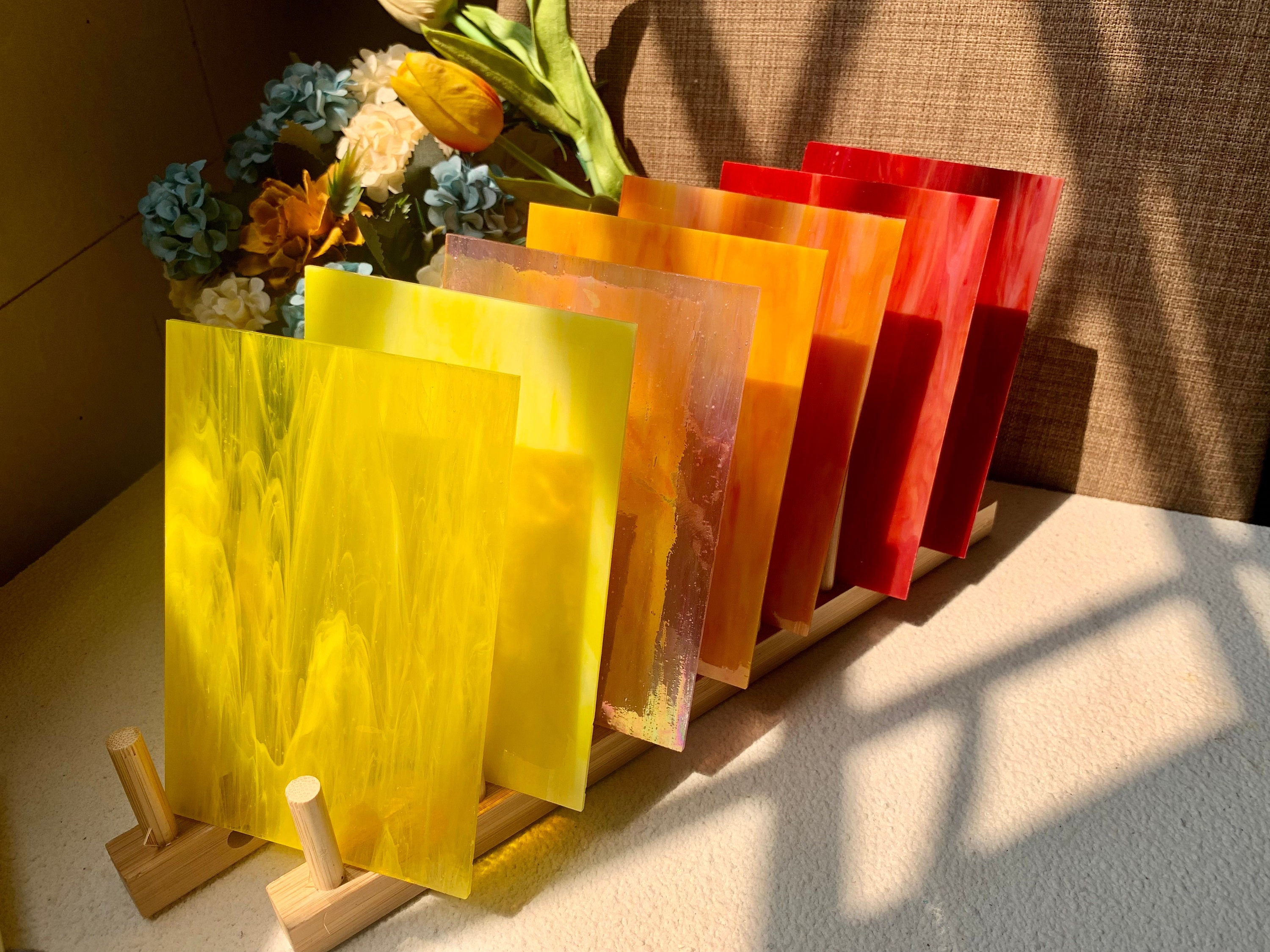 10 Sheets Variety Stained Glass Sheets Pack, 4 x 6 inch Large Cathedral Glass Mosaic Tiles for Crafts, Mixed Fall Colors