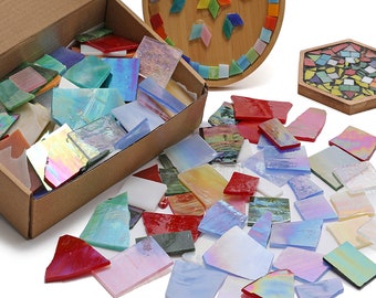 Lanyani Iridescent Stained Glass Pieces for Crafts and Decoration ,Variety Irregular Broken  Stained Glass Mosaic Tile Scraps,1Kg/35oz Pack