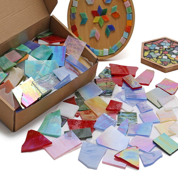 Lanyani Iridescent Stained Glass Pieces for Crafts and Decoration ,Variety Irregular Broken  Stained Glass Mosaic Tile Scraps,1Kg/35oz Pack
