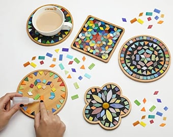 2 Sets of Complete DIY Mosaic Craft Kits, Mosaic Tiles Coaster Kit Make Your Own Mosaic Project Handmade Craft Set with Stained Glass Mosaic