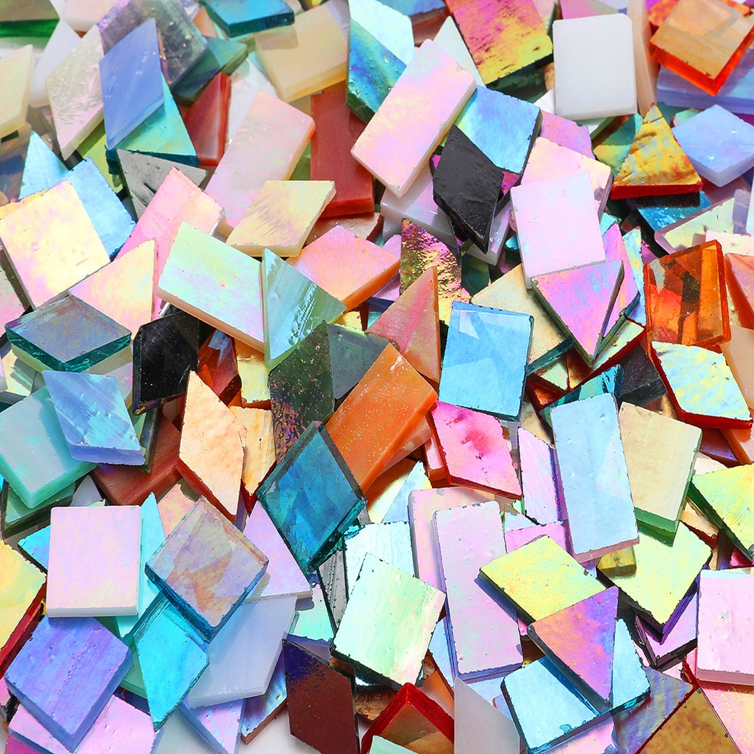 Lanyani Iridescent Glass Mosaic Tiles Bulk, 700 Pieces Iridized Stained