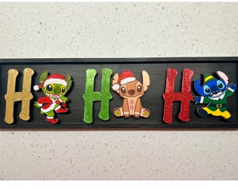 Stitch julskylt "Ho Ho Ho", Stitch juldekorationer, Stitch julklappar, rolig älv-stygnskyltdekor, present till Stitch-fans