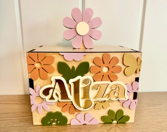 Personalize piggy bank, Retro Flowers Piggy Bank, Flowers baby nursery, Piggy banks for girls, Retro piggy bank, Coin bank, Birthday kids