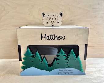 Forest piggy bank, Wood piggy bank, Wooden coin bank, Personalize piggy bank, Piggy bank for boys, piggy bank for girls, Birthday kids idea