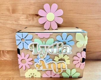 Personalized Retro Flower Piggy Bank: Maple Wood Coin Bank, Nursery Decor