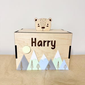 Personalized Wood Piggy Bank: Forest Theme, Kids Birthday Gift image 1