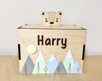 Personalized Wood Piggy Bank: Forest Theme, Kids Birthday Gift