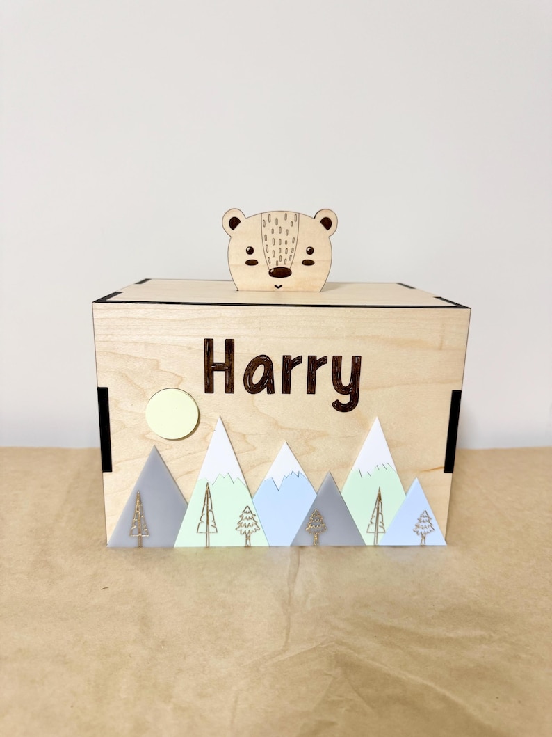 Personalized Wood Piggy Bank: Forest Theme, Kids Birthday Gift image 1