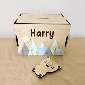 Personalized Wood Piggy Bank: Forest Theme, Kids Birthday Gift image 2