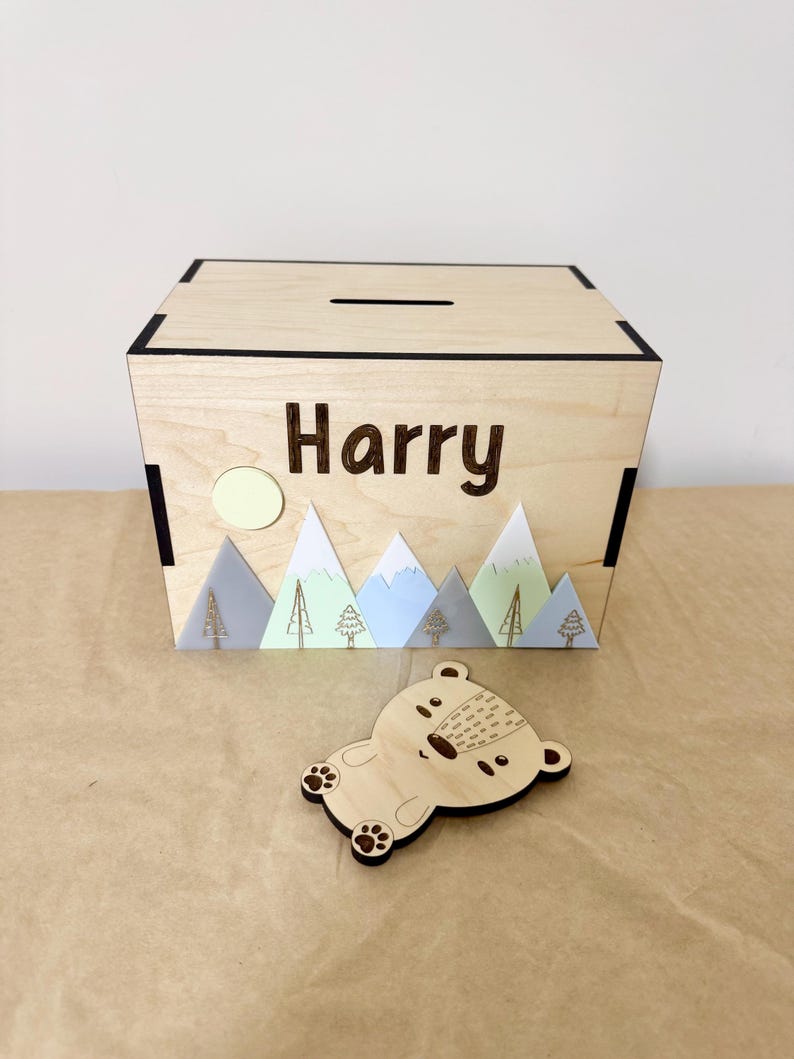 Personalized Wood Piggy Bank: Forest Theme, Kids Birthday Gift image 2