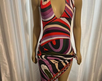 Vintage abstract print one piece swimwear with scarf/ head scarf/ coverup.