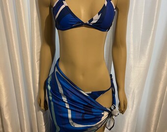 Black, blue and white abstract print bikini set with matching bag scarf/bag tie.