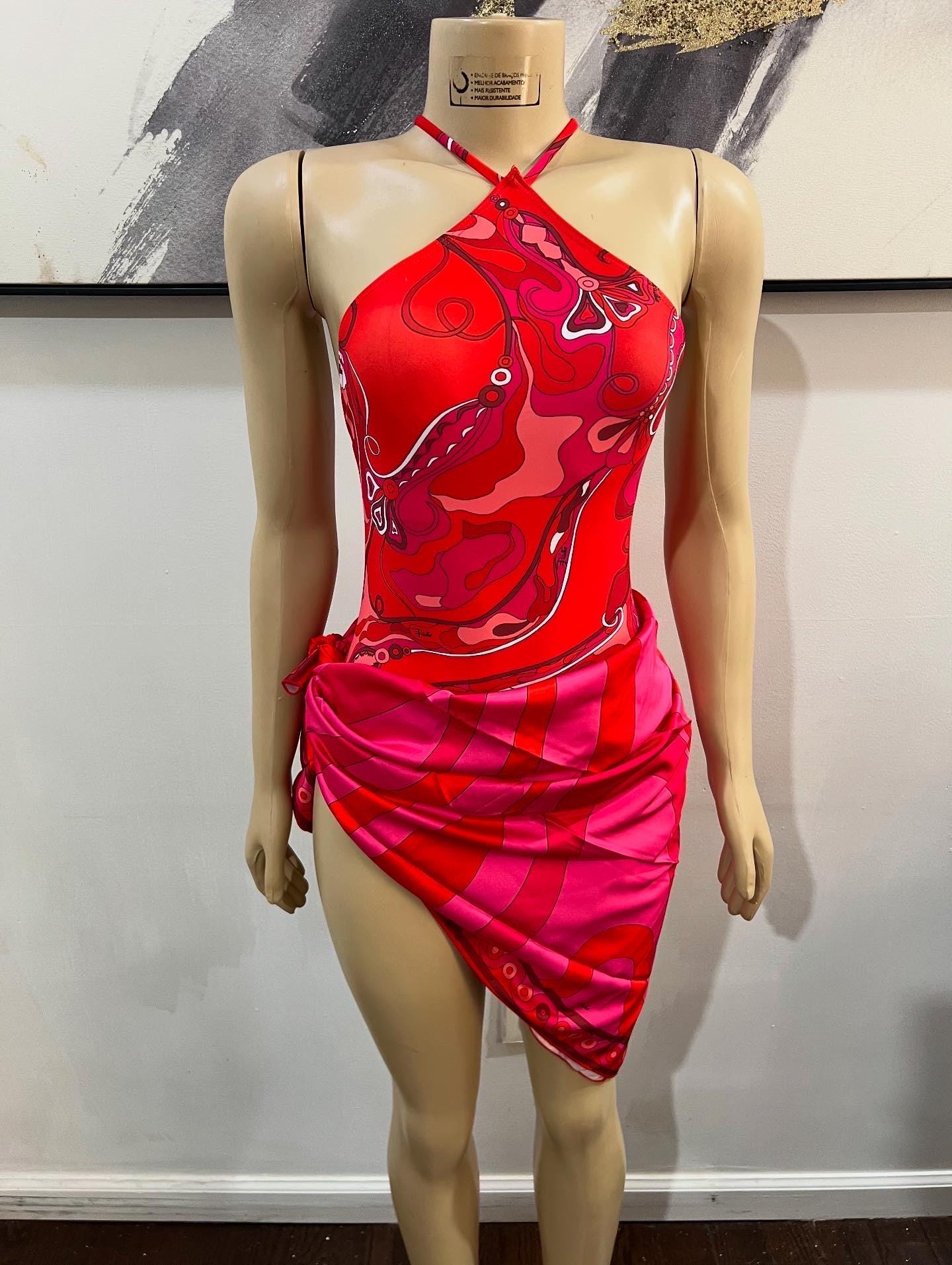 Crimson red swirl abstract print one piece swimsuit with matching scarf/coverup.