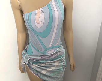 Pastel Swirl One-Shoulder Swimsuit with Matching Scarf: Upcycled Fabric