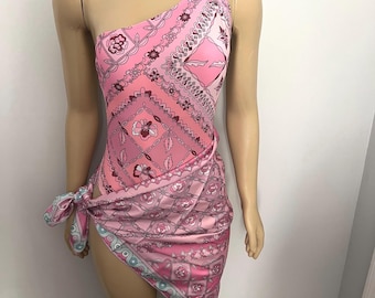 Pink paisley print one piece swimwear with scarf/coverup 39 x 39 inches.
