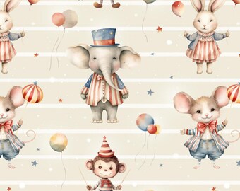 May include: A repeating pattern featuring circus animals, including an elephant, rabbit, mouse, and monkey, each dressed in striped outfits. The animals hold balloons and are set against a cream background with white stripes, stars, and confetti.