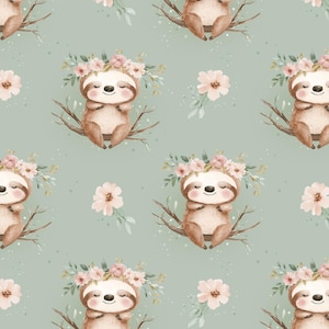 Peut inclure: Un motif sans couture représentant de jolis paresseux de dessin animé portant des couronnes de fleurs roses. Les paresseux sont assis sur des branches avec des feuilles vertes. L'arrière-plan est de couleur vert clair avec une texture légèrement mouchetée.