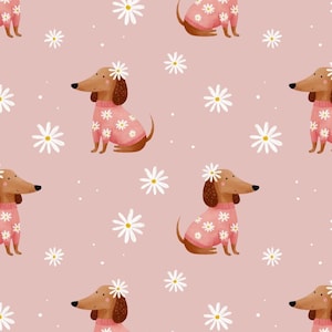 May include: A repeating pattern of brown dachshunds wearing pink sweaters adorned with white daisy flowers. Each dog has a daisy crown. White daisies and small white dots are scattered across the light pink background.