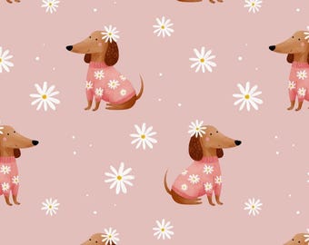 Perro sin costuras, lindo perro salchicha, margaritas, diseño de tela sin costuras, mosaico repetitivo, papel imprimible, archivo digital