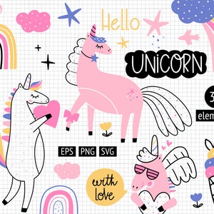 Cute Unicorns svg, Modern kids clipart, Kids party decor, Digital clipart.