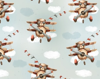 Lindo oso piloto, avión, diseño de tela sin costuras, patrón de oso piloto, mosaico repetido