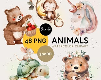 Paquete de PNG de animales, 48 PNG de animales lindos, animales de acuarela, arte infantil, impresiones de arte infantil, arte infantil caprichoso, descarga digital.