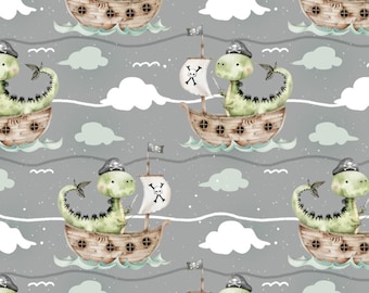 Diseño de tela sin costuras con dinosaurios y piratas, patrón de dinosaurios, mosaico repetido