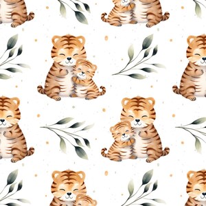 Peut inclure: Motif répétitif à l'aquarelle représentant une tigresse et son petit s'embrassant. Les tigres sont orange et marron avec des rayures noires, sur fond blanc avec des feuilles vertes et de petits points orange.